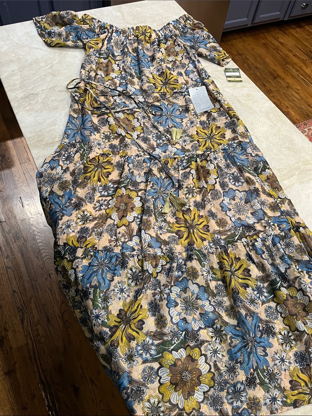 Taylor Floral Off-Shoulder Maxi Dress in Blue, Yellow, Brown